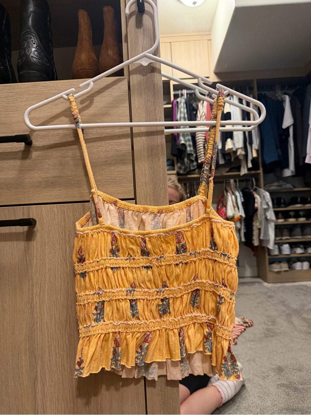 We The Free Yellow Smocked Floral-Trim Cami